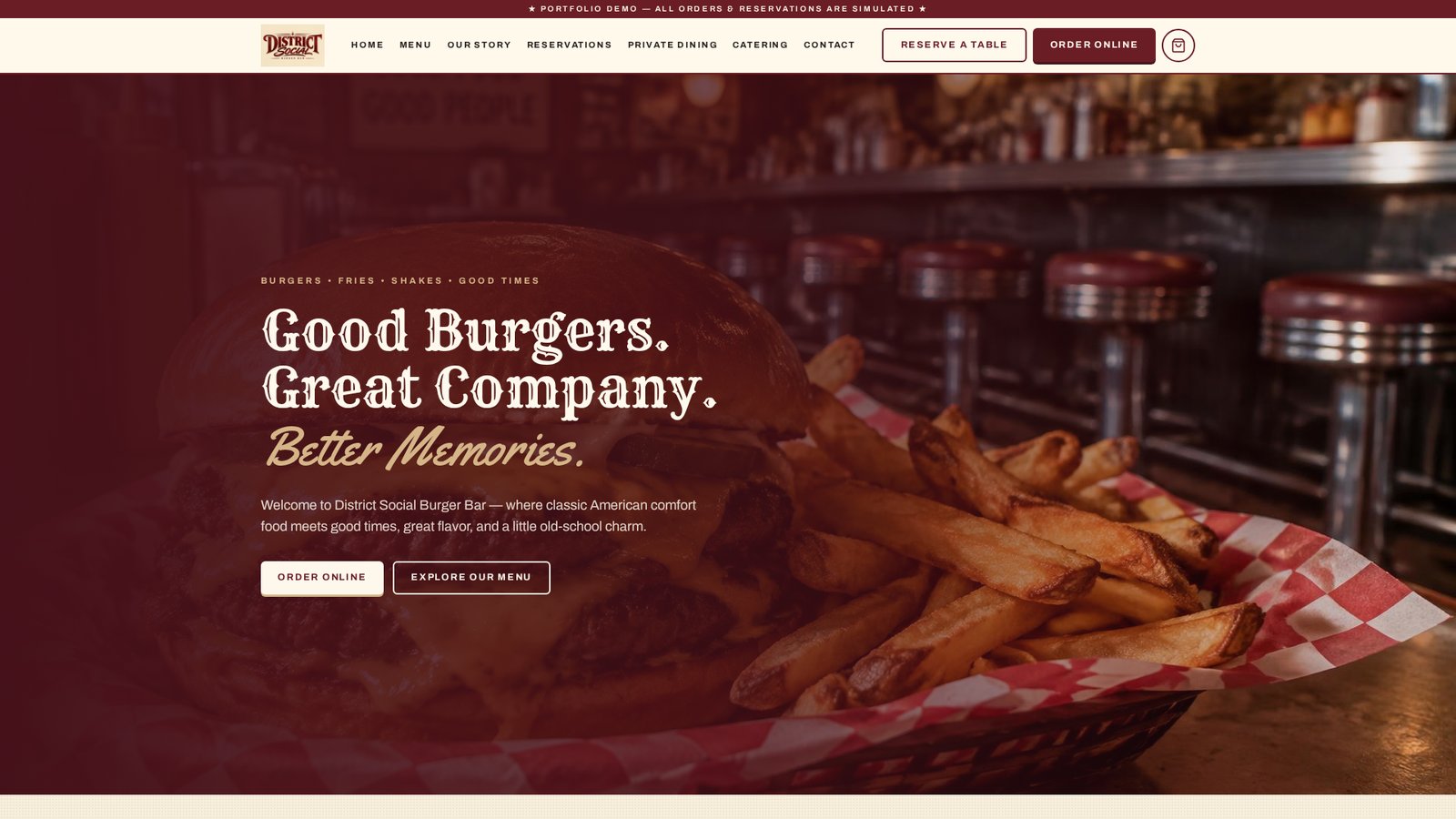 District Social Burger Bar website preview